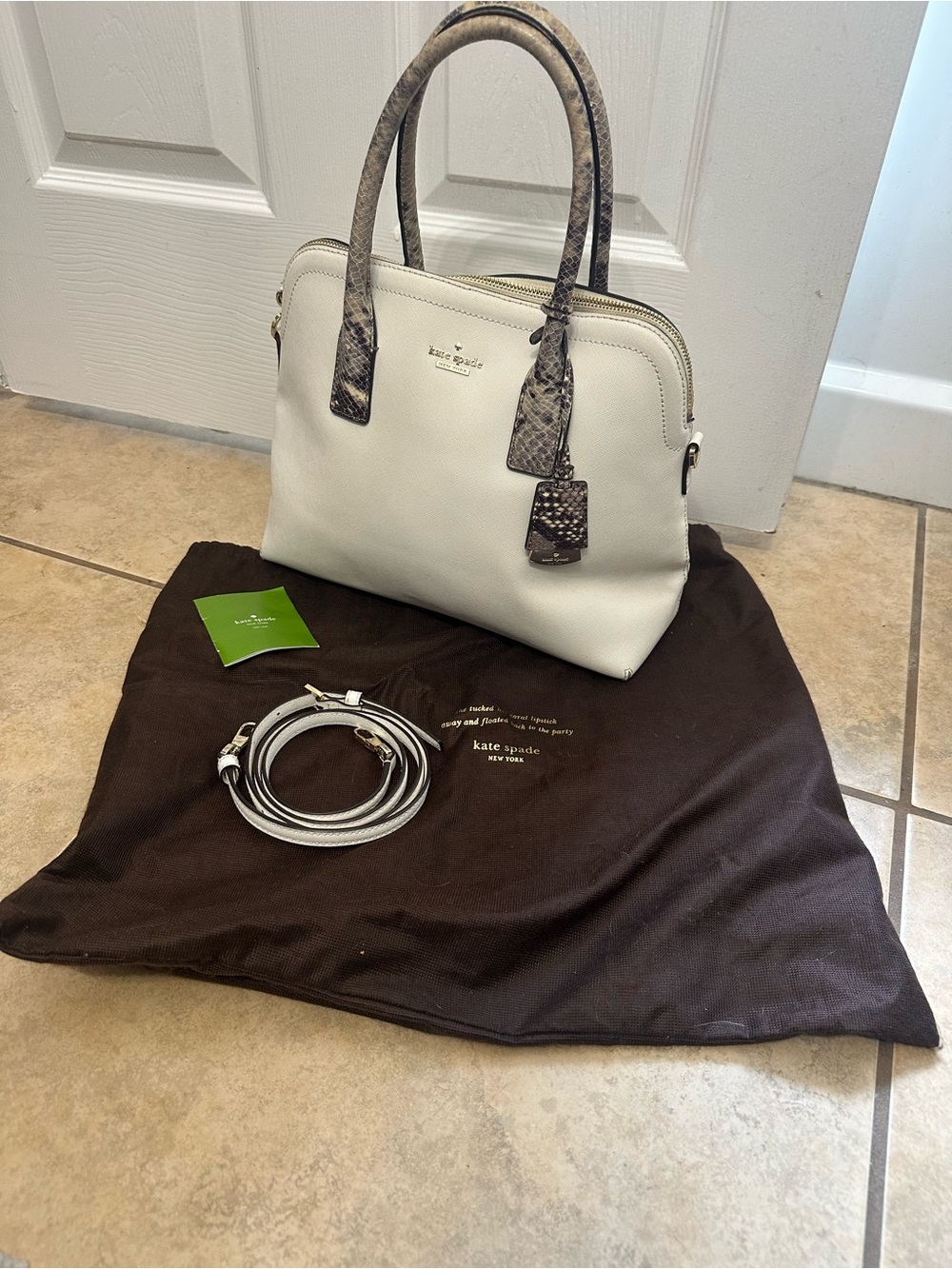 kate spade White Satchel with Snake-Print Trim